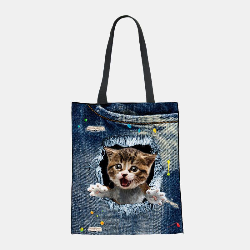 Dames Canvas Breken Gat Denim 3d Leuke Kat Hond Patroon Casual Outdoor Handtas Schoudertas Tote