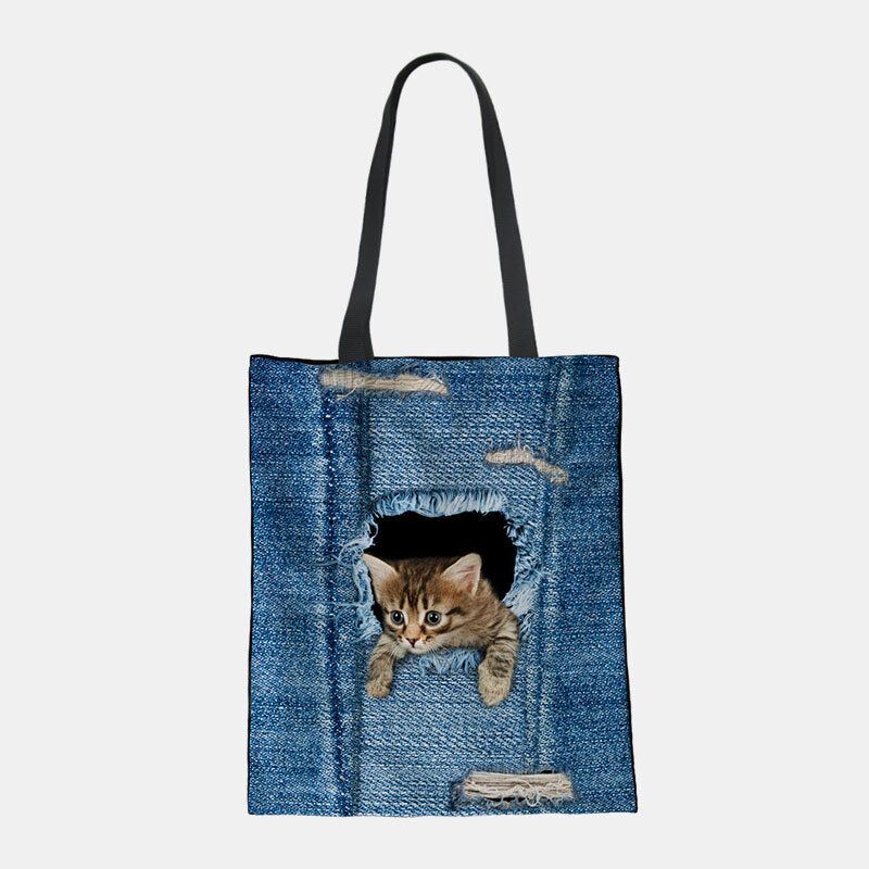 Dames Canvas Breken Gat Denim 3d Leuke Kat Hond Patroon Casual Outdoor Handtas Schoudertas Tote