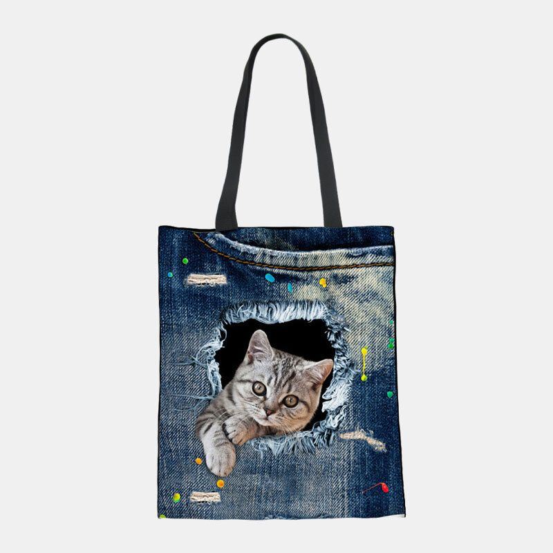 Dames Canvas Breken Gat Denim 3d Leuke Kat Hond Patroon Casual Outdoor Handtas Schoudertas Tote