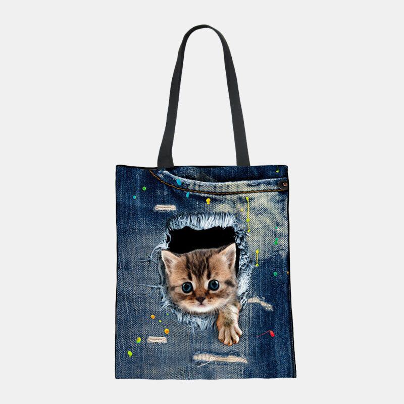 Dames Canvas Breken Gat Denim 3d Leuke Kat Hond Patroon Casual Outdoor Handtas Schoudertas Tote