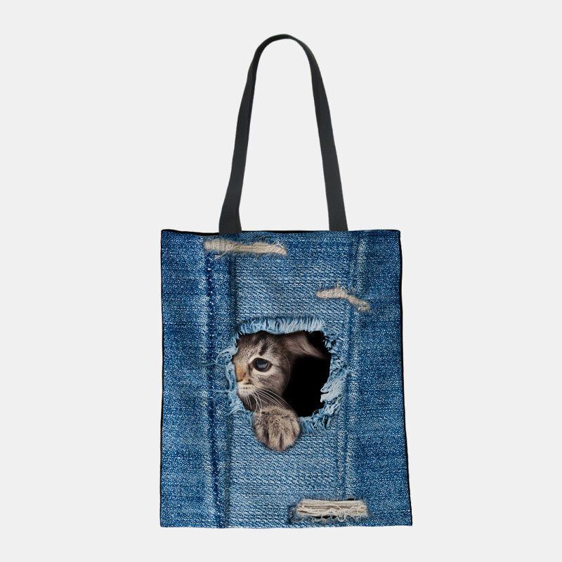 Dames Canvas Breken Gat Denim 3d Leuke Kat Hond Patroon Casual Outdoor Handtas Schoudertas Tote