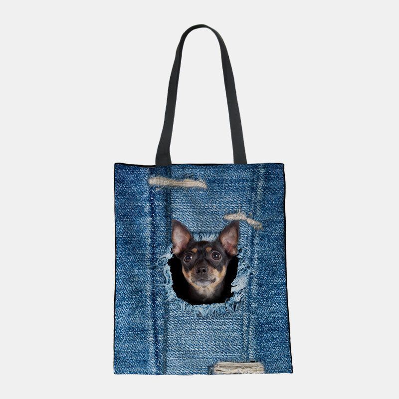 Dames Canvas Breken Gat Denim 3d Leuke Kat Hond Patroon Casual Outdoor Handtas Schoudertas Tote