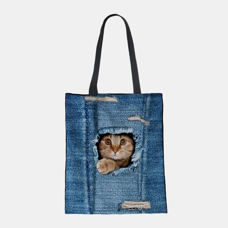 Dames Canvas Breken Gat Denim 3d Leuke Kat Hond Patroon Casual Outdoor Handtas Schoudertas Tote