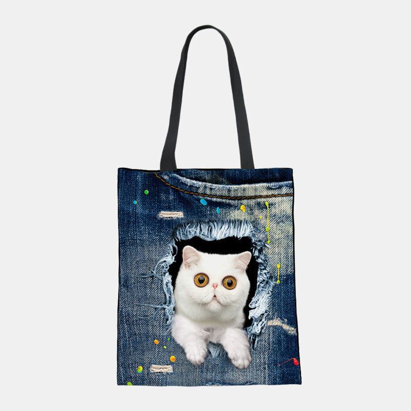 Dames Canvas Breken Gat Denim 3d Leuke Kat Hond Patroon Casual Outdoor Handtas Schoudertas Tote