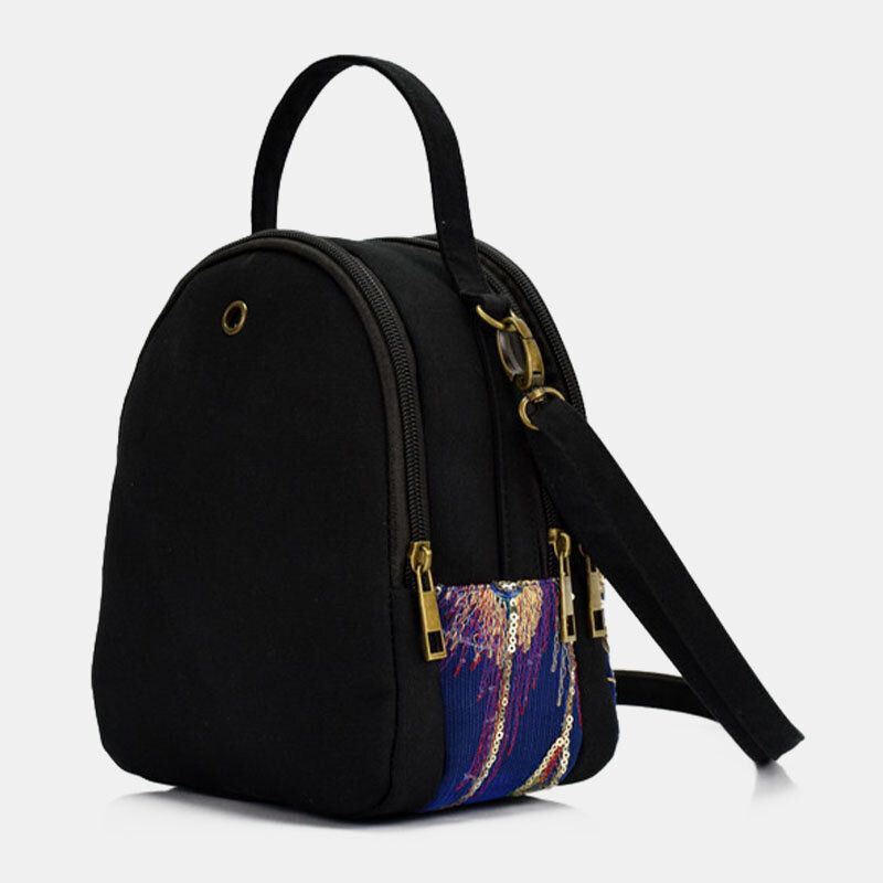 Dames Canvas Etnische Stijl Borduurwerk Pauw Patroon Pailletten Mini Multi-carry Handtas Crossbody Tas