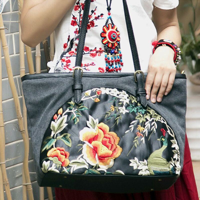 Dames Canvas Etnische Stijl Geborduurde Bloemen Grote Capaciteit Handtas Schoudertas Tote