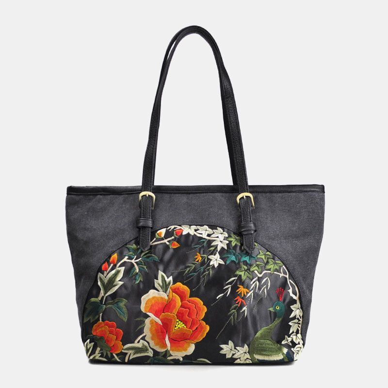 Dames Canvas Etnische Stijl Geborduurde Bloemen Grote Capaciteit Handtas Schoudertas Tote