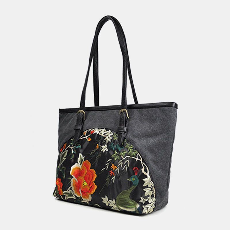 Dames Canvas Etnische Stijl Geborduurde Bloemen Grote Capaciteit Handtas Schoudertas Tote