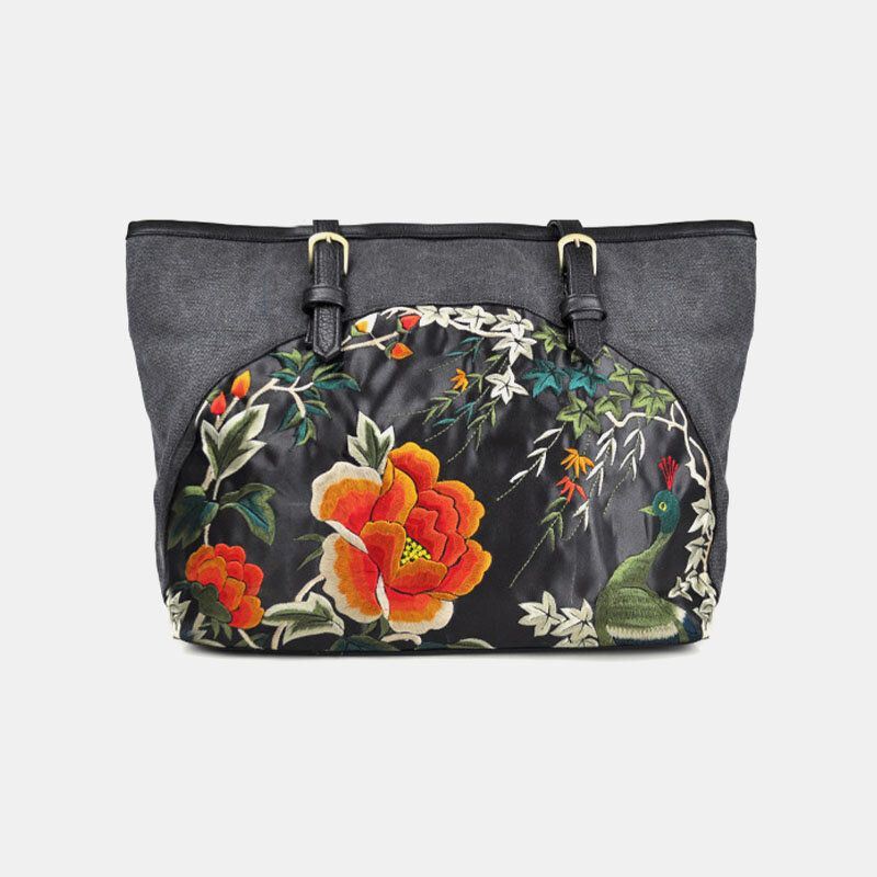 Dames Canvas Etnische Stijl Geborduurde Bloemen Grote Capaciteit Handtas Schoudertas Tote