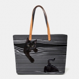 Dames Canvas Grote Capaciteit Streep Driedimensionale Cartoon Leuke Kat Handtas Schoudertas Tote