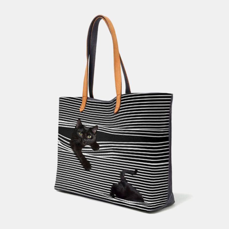 Dames Canvas Grote Capaciteit Streep Driedimensionale Cartoon Leuke Kat Handtas Schoudertas Tote