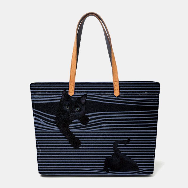 Dames Canvas Grote Capaciteit Streep Driedimensionale Cartoon Leuke Kat Handtas Schoudertas Tote