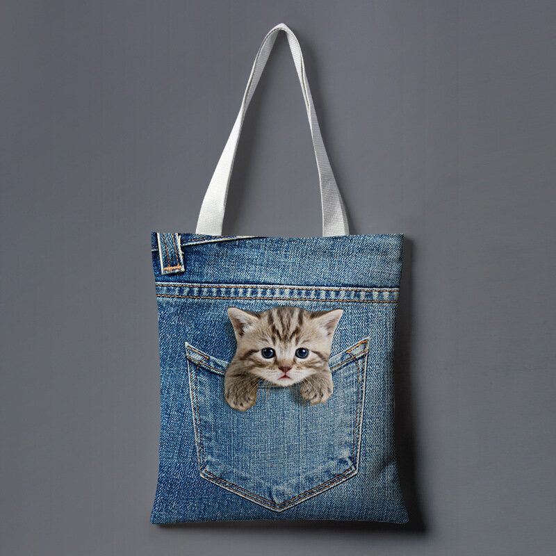 Dames Canvas Kat Hond Binnen Jeans Patroon Grote Capaciteit Schooltas Schoudertas Handtas Tote