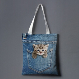 Dames Canvas Kat Hond Binnen Jeans Patroon Grote Capaciteit Schooltas Schoudertas Handtas Tote