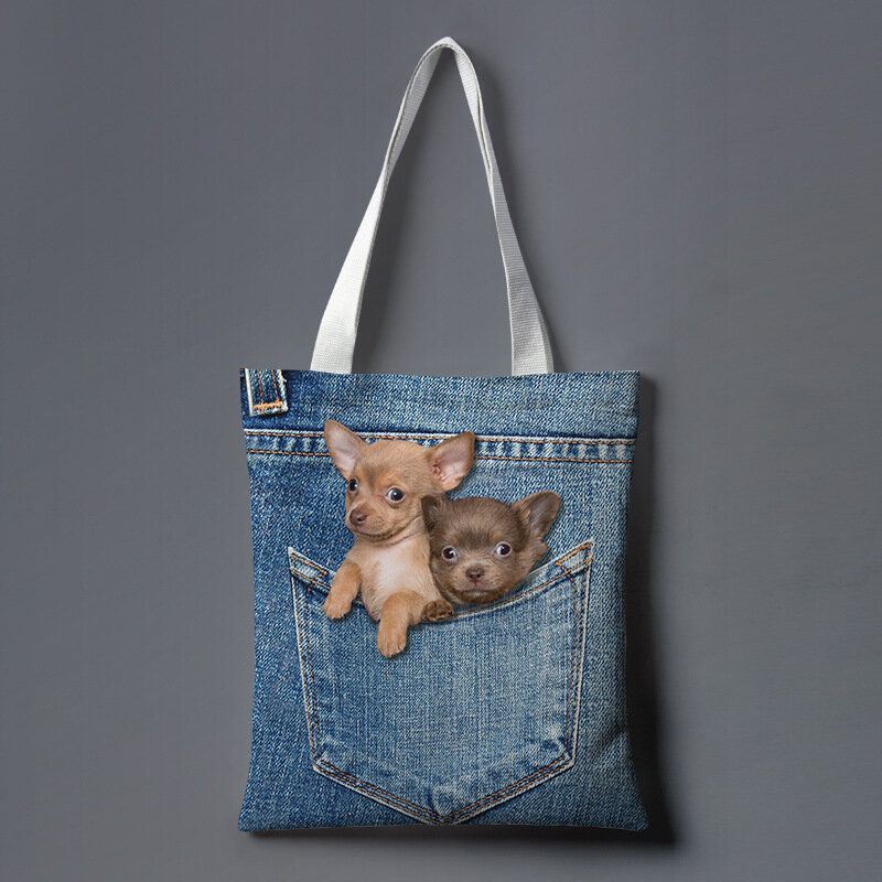 Dames Canvas Kat Hond Binnen Jeans Patroon Grote Capaciteit Schooltas Schoudertas Handtas Tote