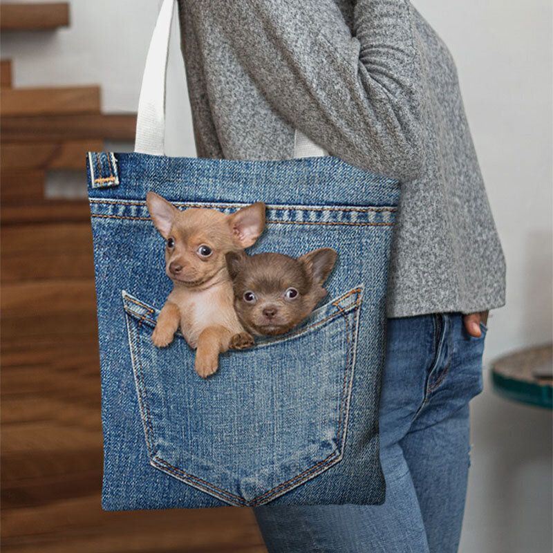 Dames Canvas Kat Hond Binnen Jeans Patroon Grote Capaciteit Schooltas Schoudertas Handtas Tote