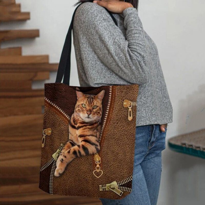 Dames Canvas Leuke 3d Driedimensionale Visie Kat Patroon Schoudertas Handtas Tote