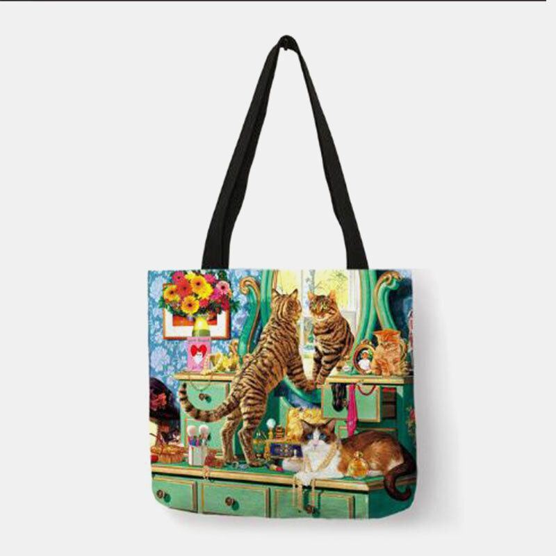 Dames Canvas Leuke Cartoon Olieverf Katten Afdrukken Waterdichte Boodschappentas Schoudertas Handtas: