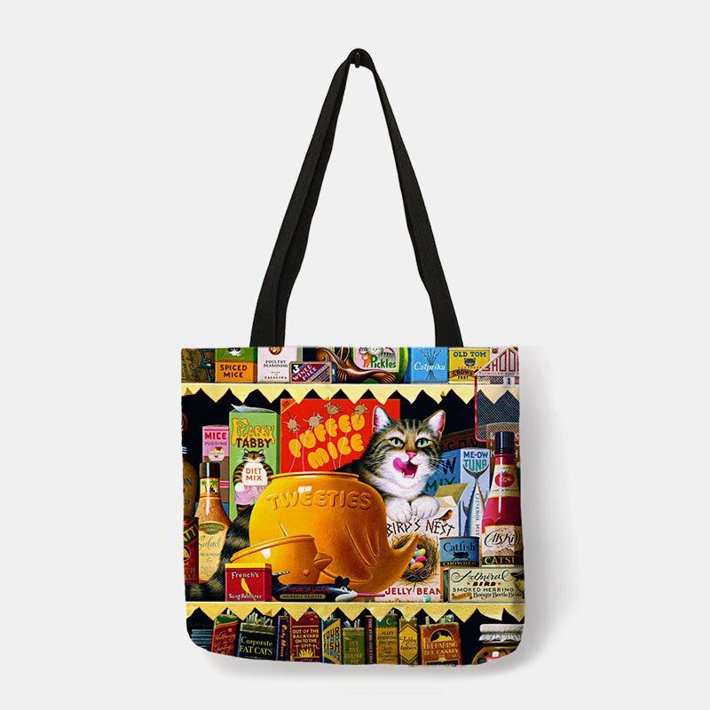 Dames Canvas Leuke Cartoon Olieverf Katten Afdrukken Waterdichte Boodschappentas Schoudertas Handtas: