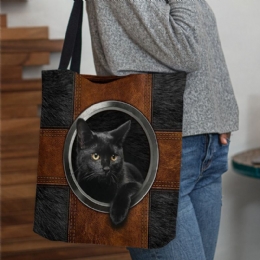 Dames Canvas Leuke Cartoon Zwarte Kat Print Handtas Tote Schoudertas