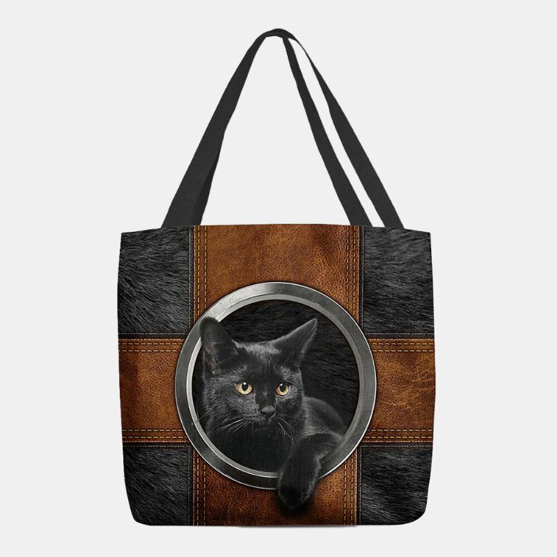 Dames Canvas Leuke Cartoon Zwarte Kat Print Handtas Tote Schoudertas