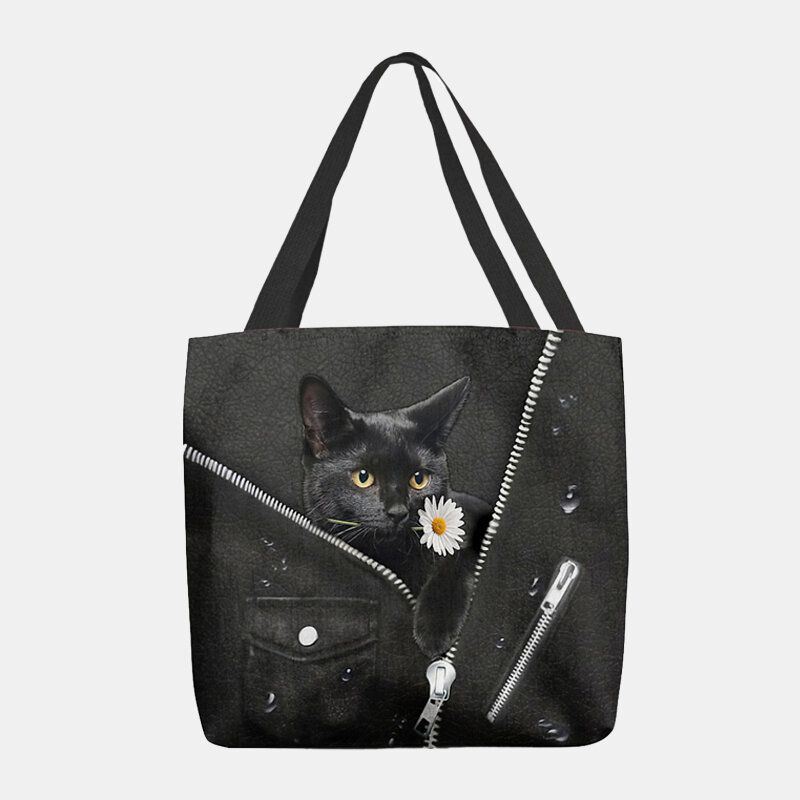 Dames Canvas Leuke Driedimensionale 3d Zwarte Kat Met Bloempatroon Schoudertas Handtas Tote