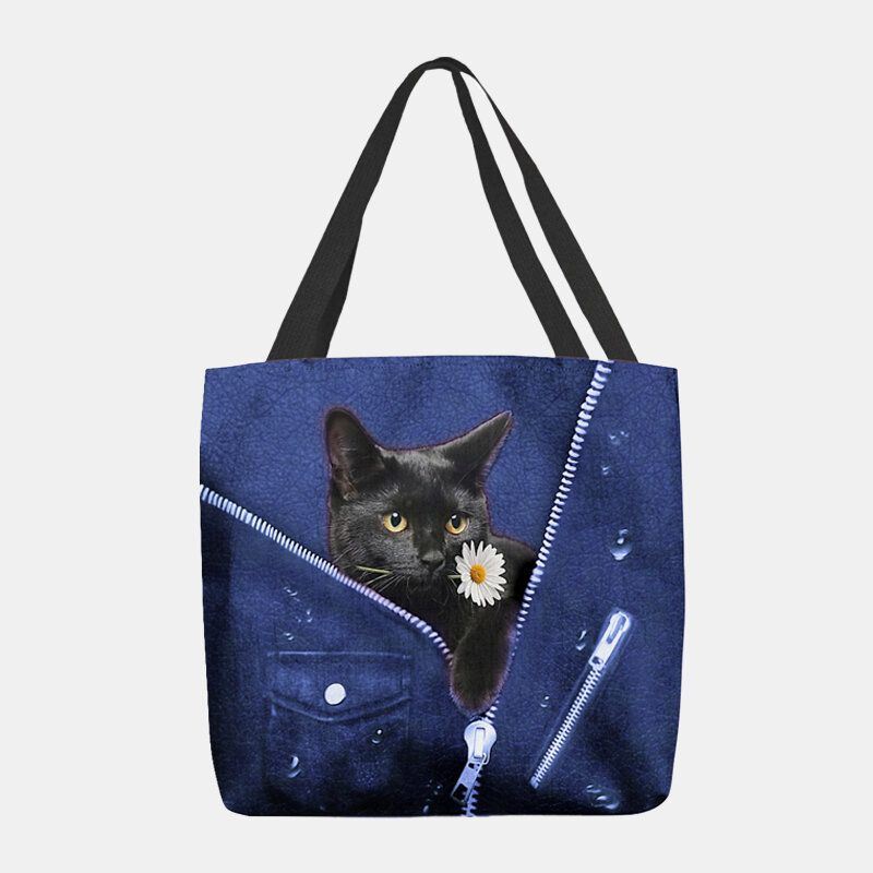 Dames Canvas Leuke Driedimensionale 3d Zwarte Kat Met Bloempatroon Schoudertas Handtas Tote