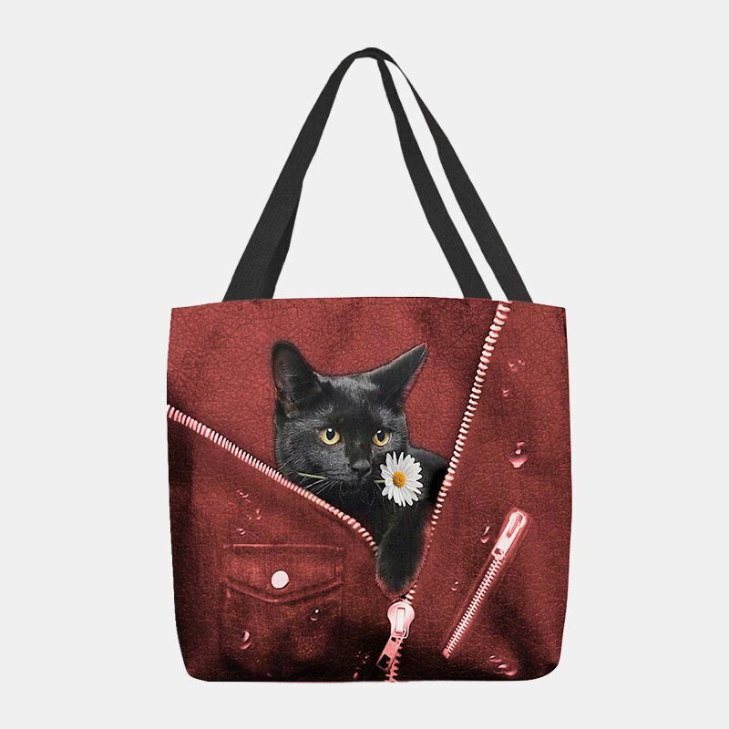 Dames Canvas Leuke Driedimensionale 3d Zwarte Kat Met Bloempatroon Schoudertas Handtas Tote