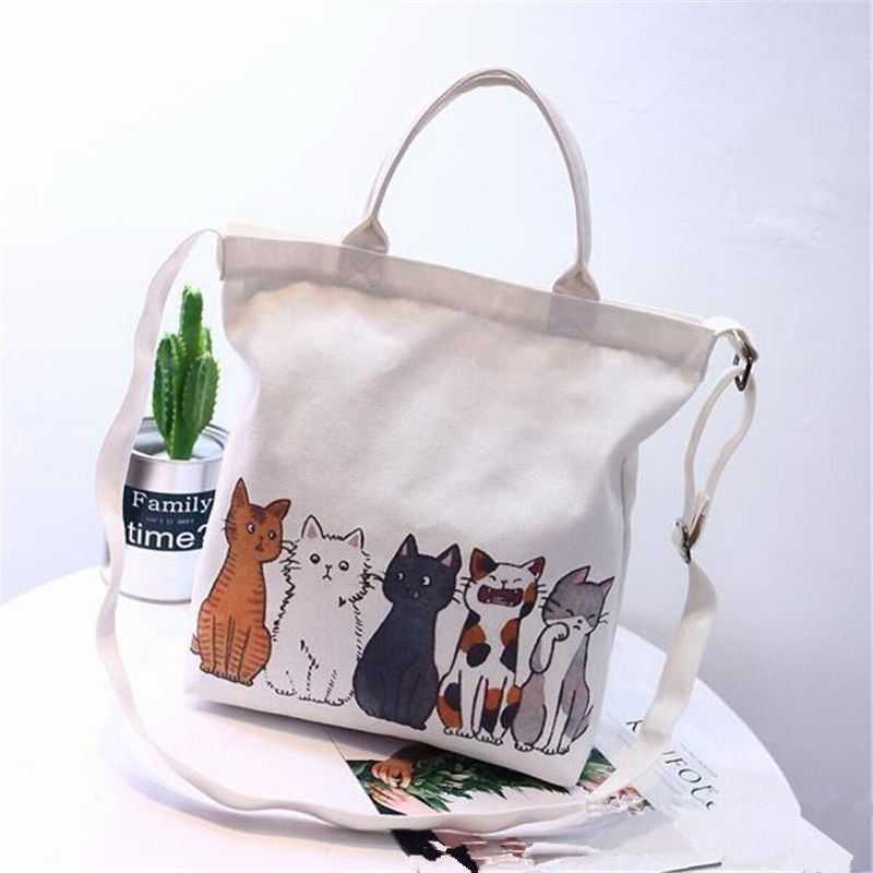 Dames Cartoon Katten Gedrukt Canvas Tote Winkelen Handtas Strandtas Schoudertas