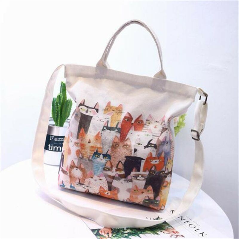 Dames Cartoon Katten Gedrukt Canvas Tote Winkelen Handtas Strandtas Schoudertas