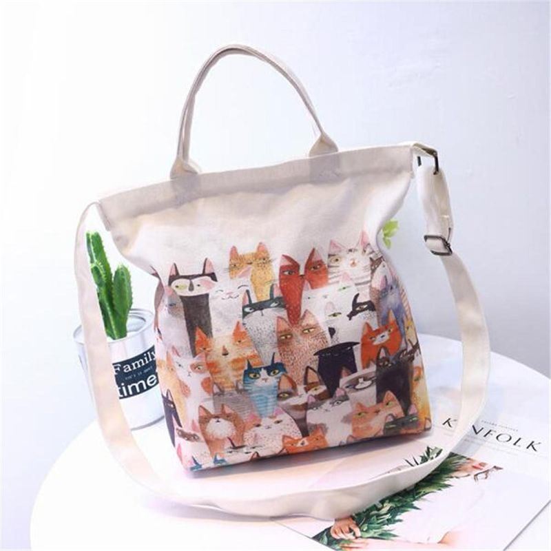 Dames Cartoon Katten Gedrukt Canvas Tote Winkelen Handtas Strandtas Schoudertas