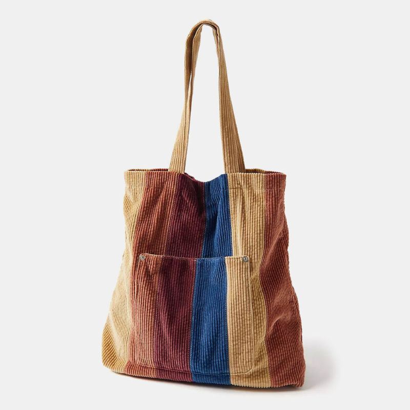 Dames Corduroy Gekleurde Gestreepte Voorvak Tote Grote Capaciteit Vintage Schoudertas Handtas