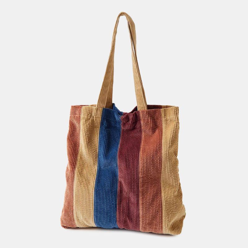 Dames Corduroy Gekleurde Gestreepte Voorvak Tote Grote Capaciteit Vintage Schoudertas Handtas