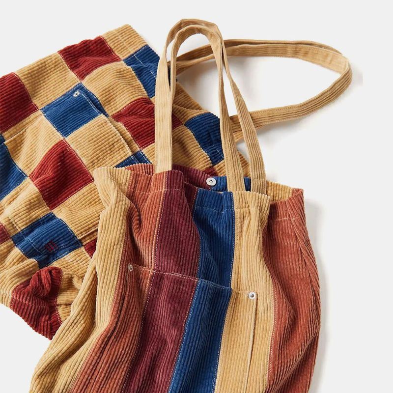 Dames Corduroy Gekleurde Gestreepte Voorvak Tote Grote Capaciteit Vintage Schoudertas Handtas