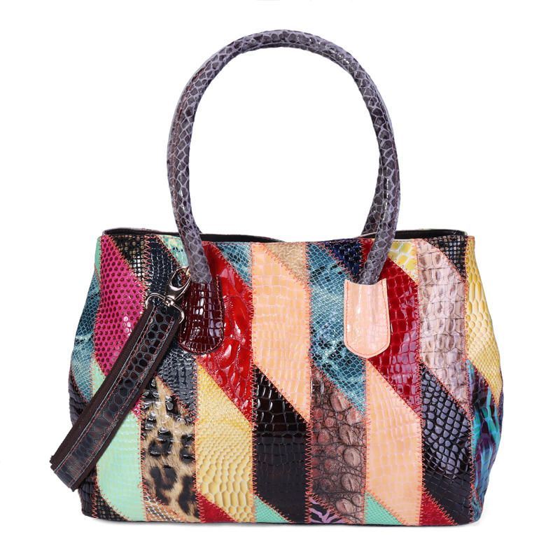 Dames Echt Leer Patchwork Hnadbag Schoudertas