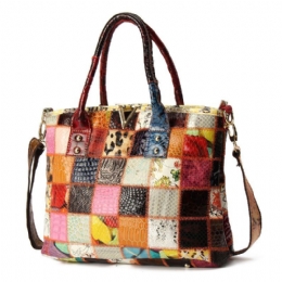 Dames Echt Leer Vintage Tote Handtas Grote Capaciteit Stiksels Crossbody Tas