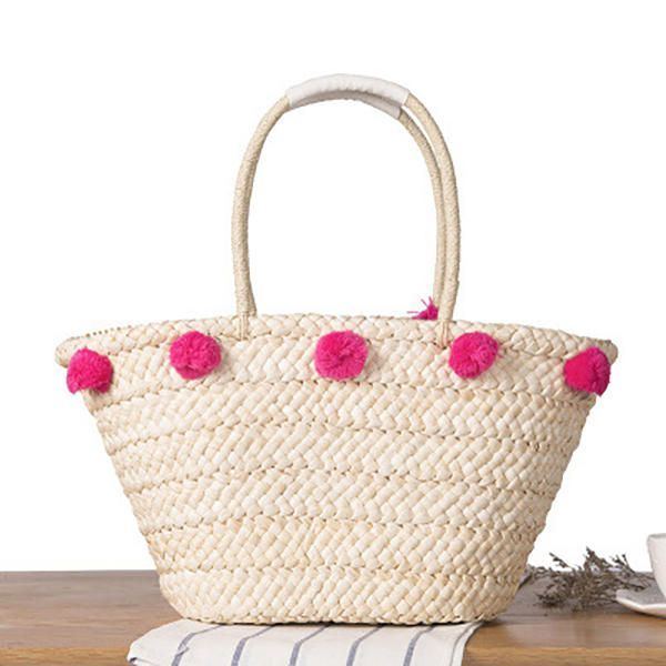 Dames Geweven Stro Strand Handtas Reis Pluche Ball Bag Tote Bag