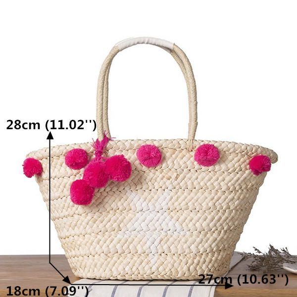 Dames Geweven Stro Strand Handtas Reis Pluche Ball Bag Tote Bag