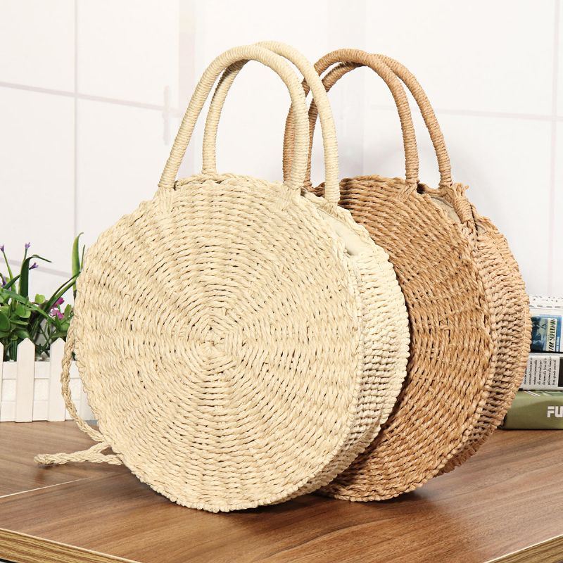 Dames Handgeweven Tas Ronde Rotan Stro Bohemen Stijl Strand Cirkel Strandtassen