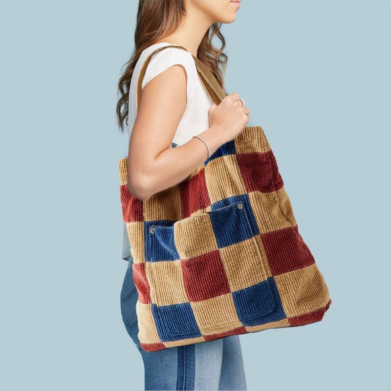 Dames Kleur Matching Grote Capaciteit Tote Corduroy Plaid Voorvak Vintage Schoudertas Handtas