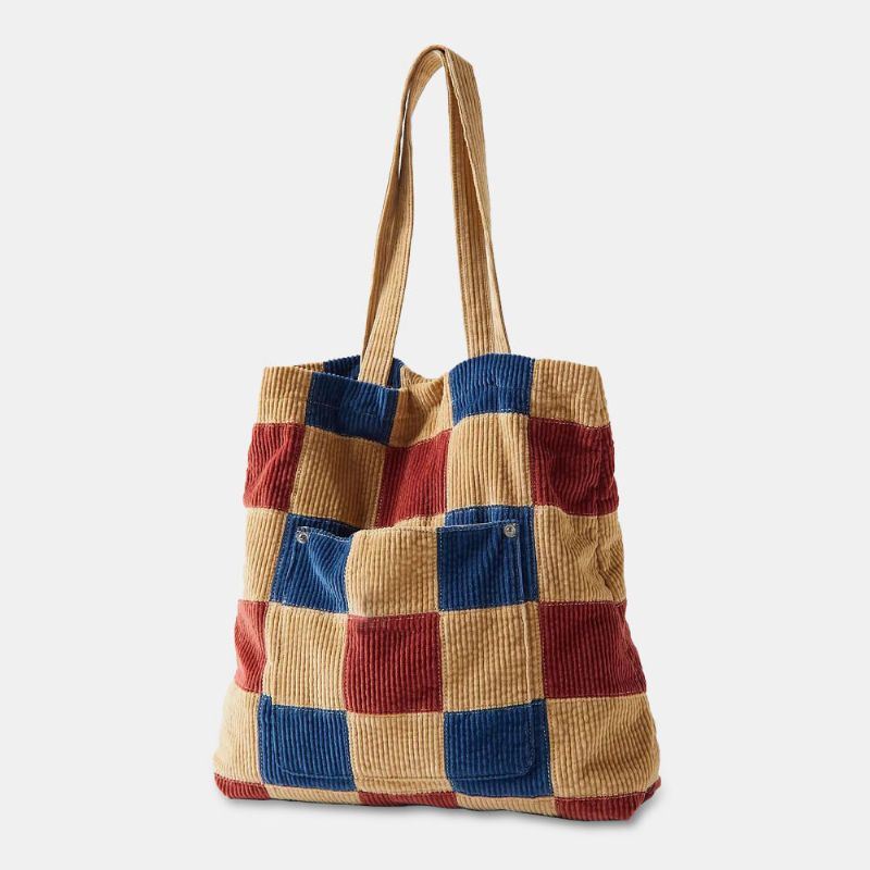 Dames Kleur Matching Grote Capaciteit Tote Corduroy Plaid Voorvak Vintage Schoudertas Handtas