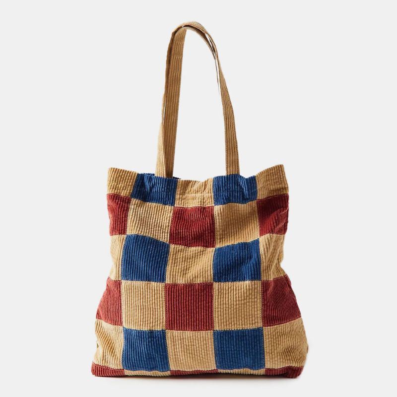 Dames Kleur Matching Grote Capaciteit Tote Corduroy Plaid Voorvak Vintage Schoudertas Handtas