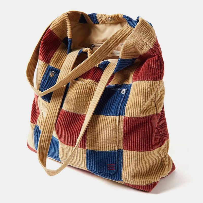 Dames Kleur Matching Grote Capaciteit Tote Corduroy Plaid Voorvak Vintage Schoudertas Handtas