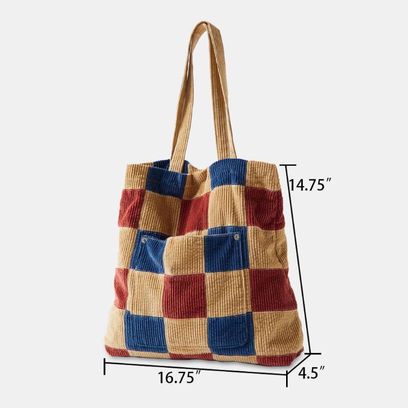 Dames Kleur Matching Grote Capaciteit Tote Corduroy Plaid Voorvak Vintage Schoudertas Handtas