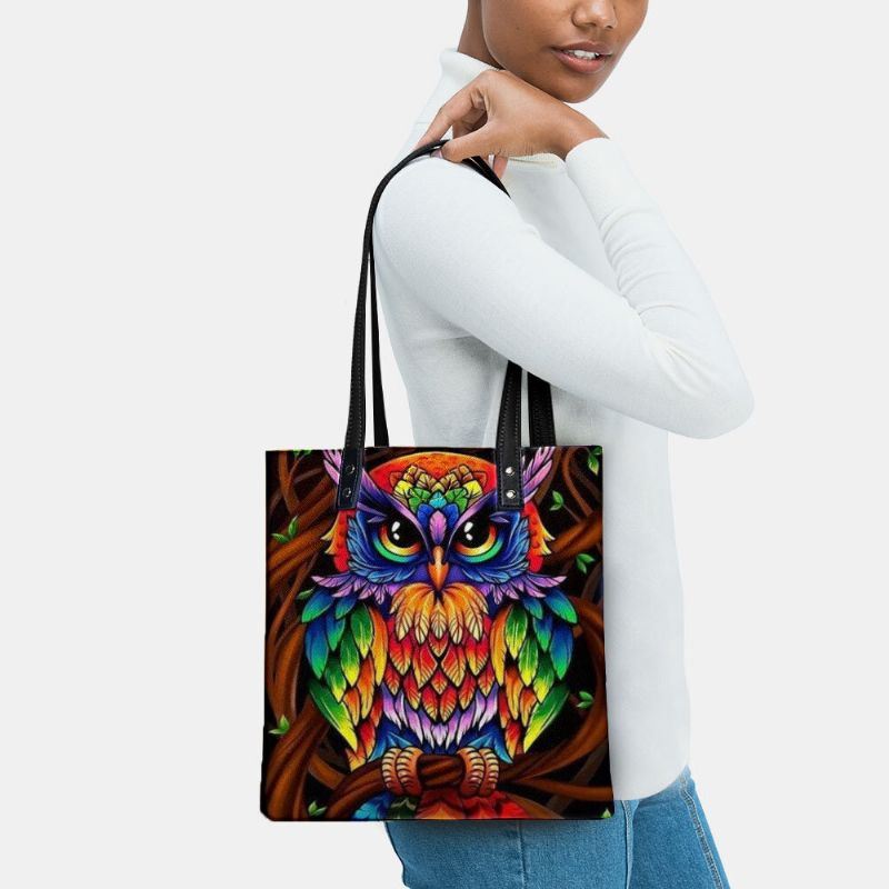 Dames Kleur Uil Print Patroon Lederen Draagtas Sticker Schoudertas Handtas Tote Met Ingebouwde Kleine Tas