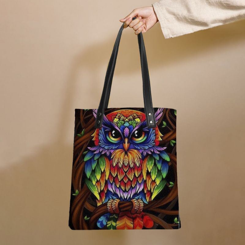 Dames Kleur Uil Print Patroon Lederen Draagtas Sticker Schoudertas Handtas Tote Met Ingebouwde Kleine Tas