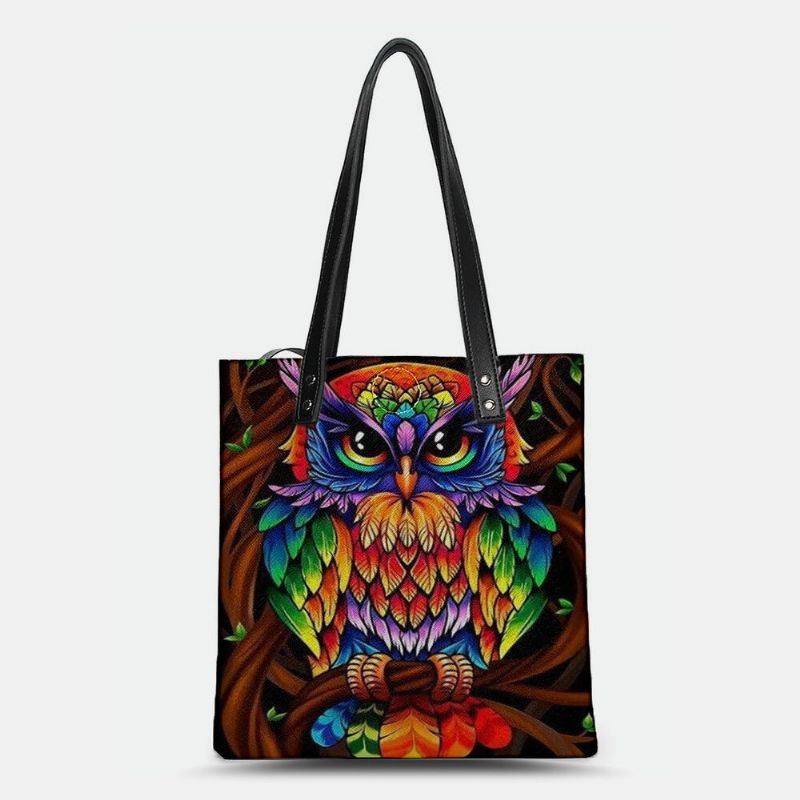 Dames Kleur Uil Print Patroon Lederen Draagtas Sticker Schoudertas Handtas Tote Met Ingebouwde Kleine Tas