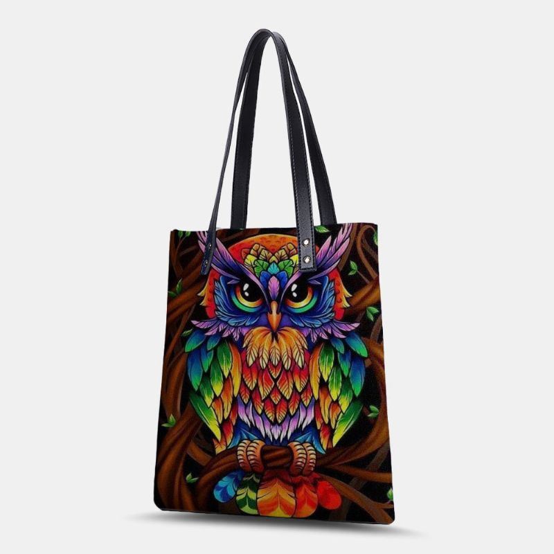 Dames Kleur Uil Print Patroon Lederen Draagtas Sticker Schoudertas Handtas Tote Met Ingebouwde Kleine Tas