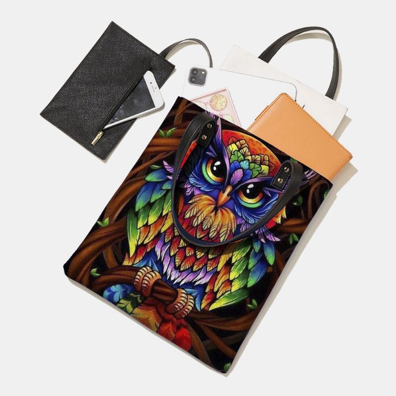 Dames Kleur Uil Print Patroon Lederen Draagtas Sticker Schoudertas Handtas Tote Met Ingebouwde Kleine Tas