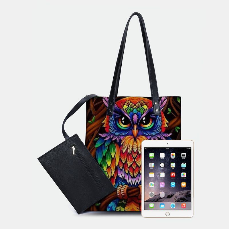 Dames Kleur Uil Print Patroon Lederen Draagtas Sticker Schoudertas Handtas Tote Met Ingebouwde Kleine Tas